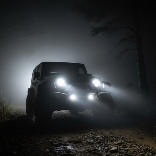 Alpena Spot Roamer LED fog lights on black Jeep Wrangler white spot beams cutting through fog dark off-road trail night - More4less Outlet