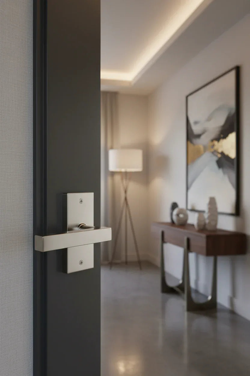 Baldwin Reserve contemporary half-dummy door lever on charcoal interior door in modern living room
