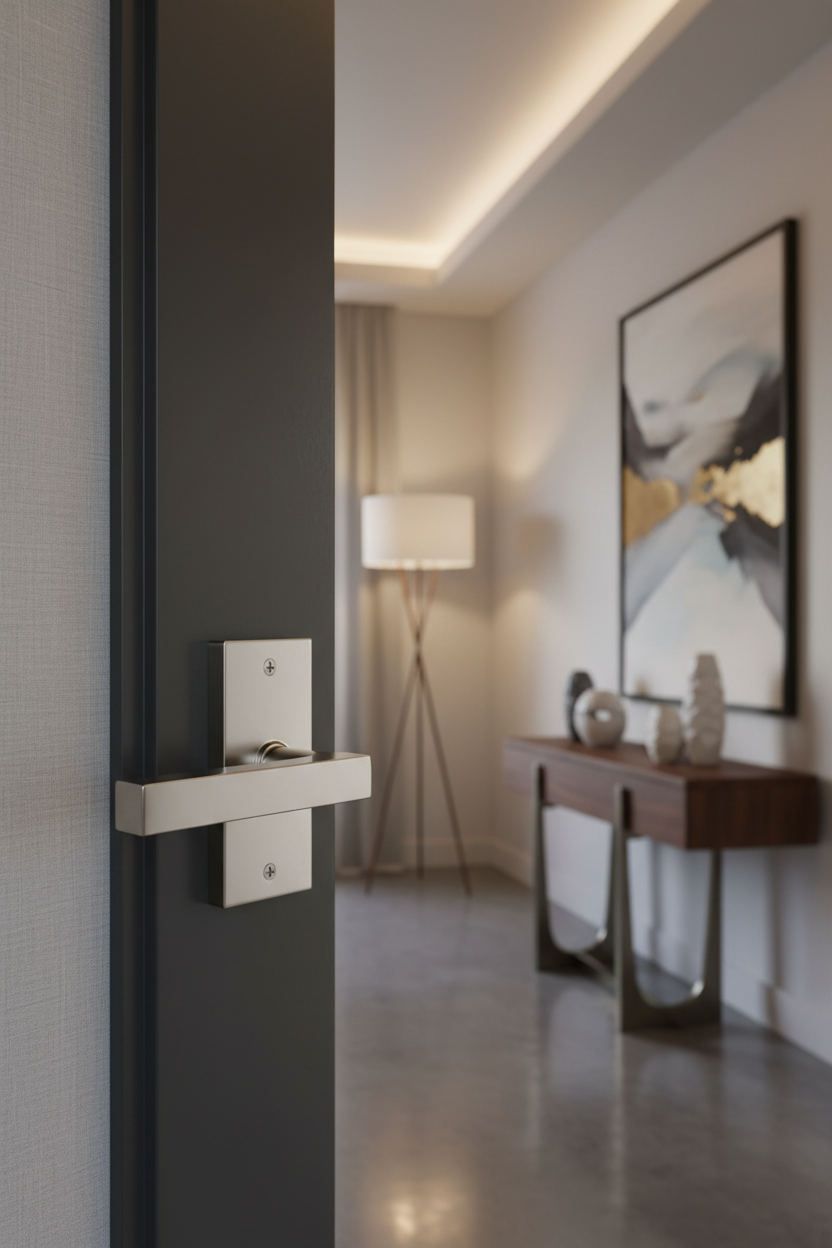 Baldwin Reserve contemporary half-dummy door lever on charcoal interior door in modern living room