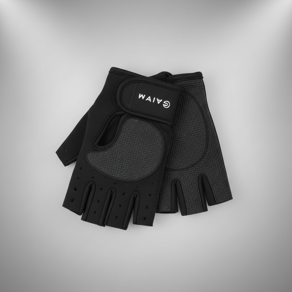 Gaiam black fitness gloves light gray editorial with white accent lighting highlighting glove texture and branding – More4less Outlet