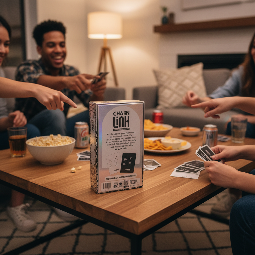 Chainlink party game displayed on coffee table during game night with snacks, drinks, and friends playing together.
