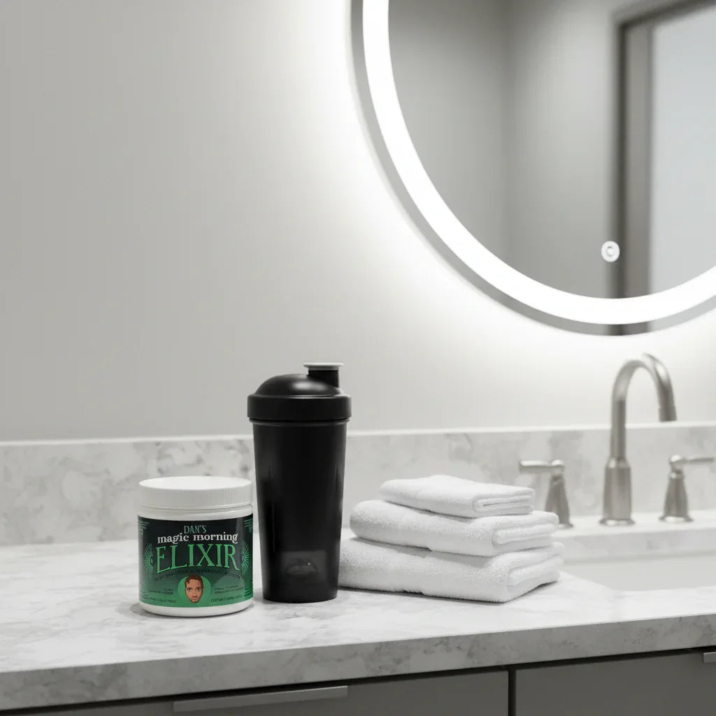 Dan's Magic Morning Elixir tub on modern bathroom vanity with blender bottle and white towels for wellness preparation