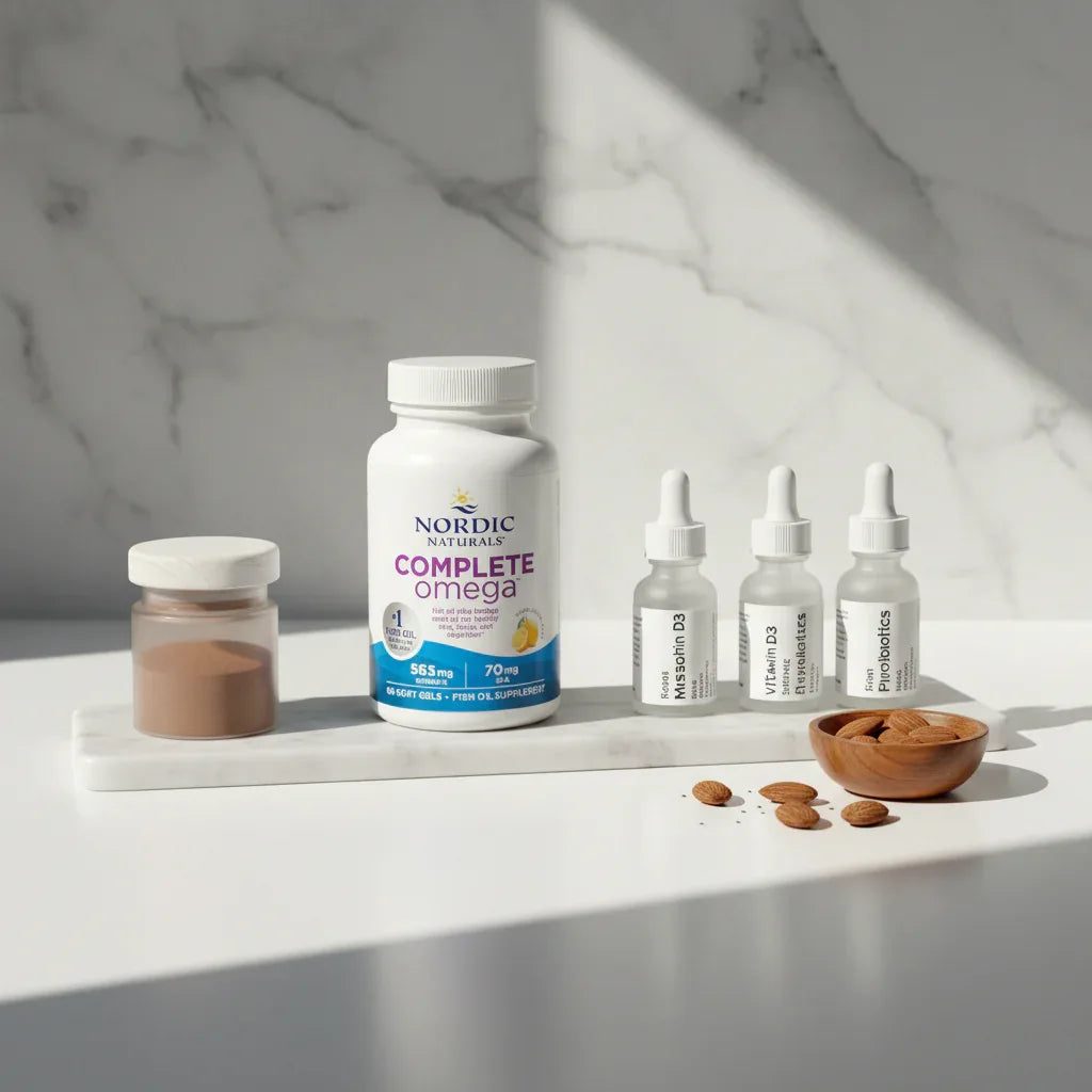 Morning sunlight shining on organized health supplement staples for a clean minimalist home setup