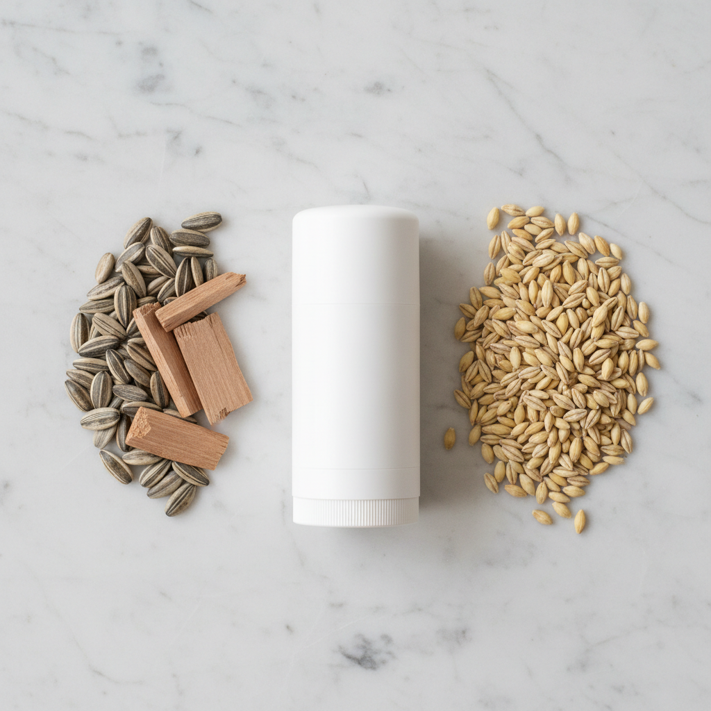 Botanical ingredients flat lay with deodorant stick on marble
