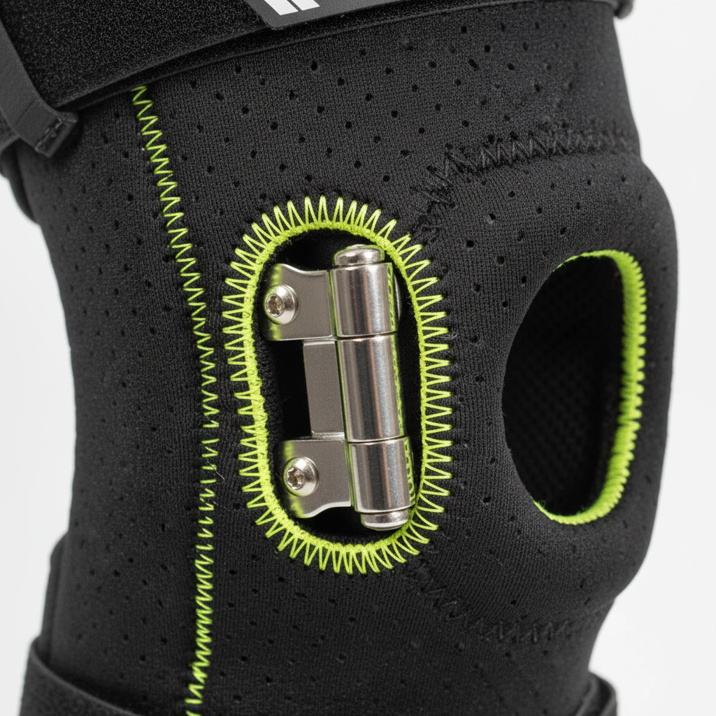 Macro close-up bilateral metal joint stabilizer hinges DonJoy knee brace perforated neoprene — More4less Outlet