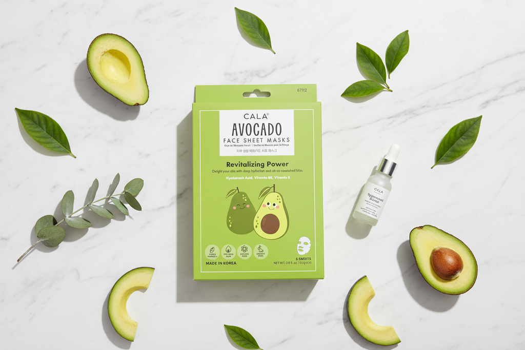 CALA Avocado Face Sheet Masks minimalist flat lay avocado slices hyaluronic serum marble — More4less Outlet