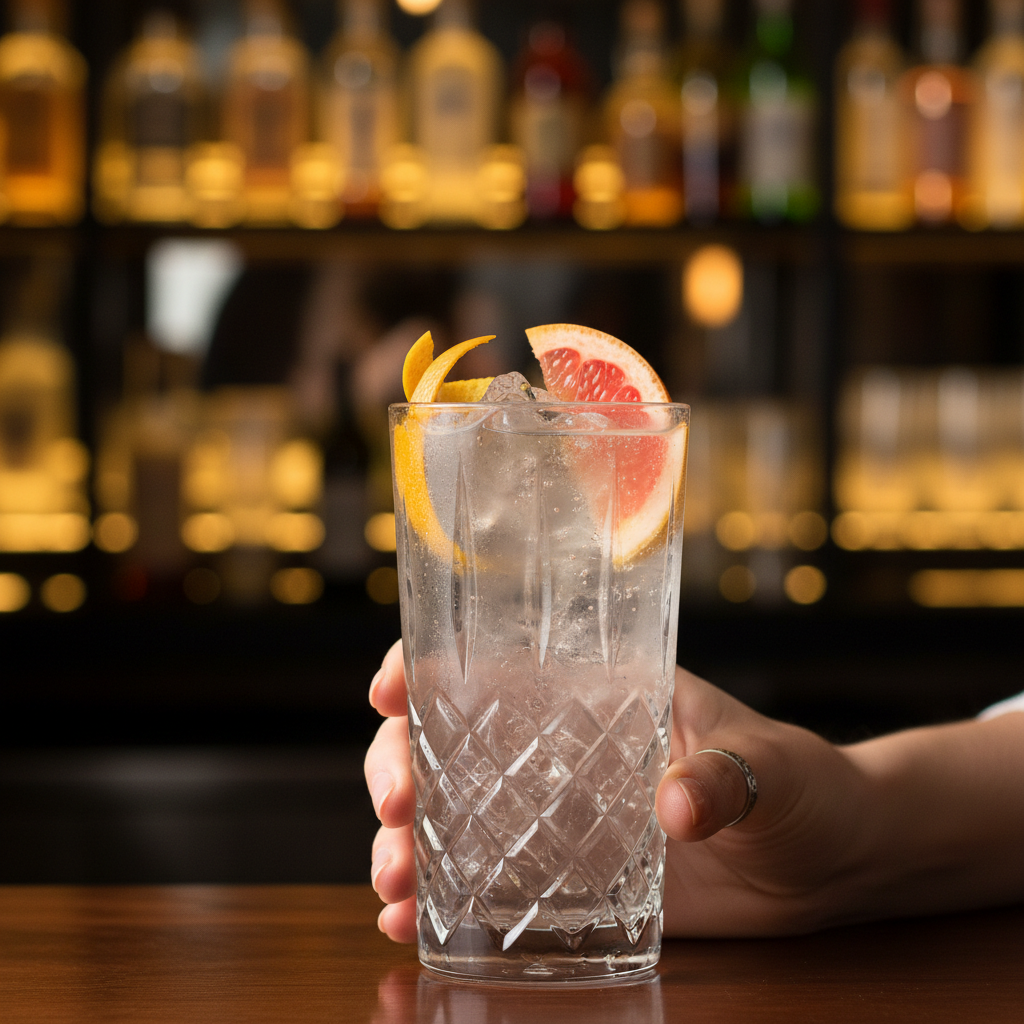 Close-up of a hand holding a tall crystal longdrink glass with citrus garnish and ice