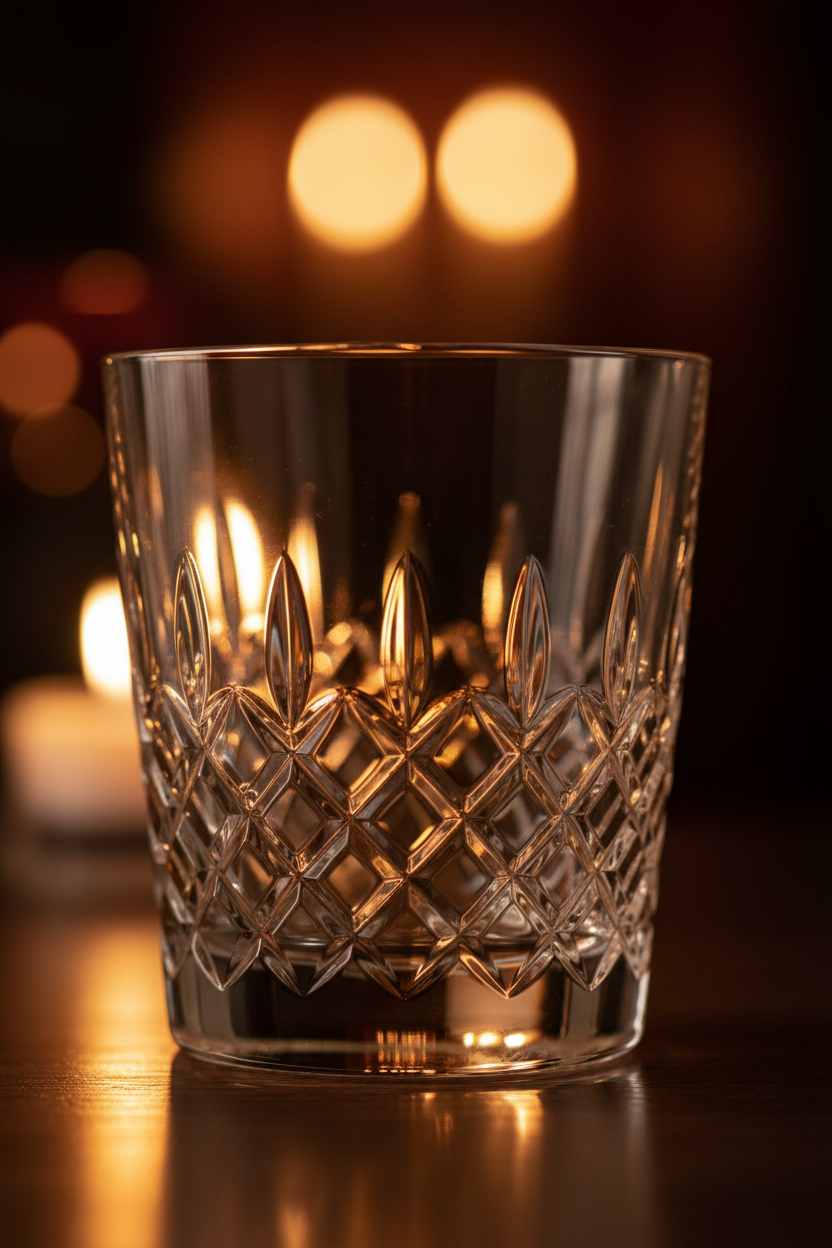 Close-up of detailed cut-glass engraving on Riedel Spey crystal whisky tumbler reflecting warm luxury lighting