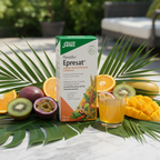 Salus Floradix Epresat Liquid Multivitamin on marble surrounded by colorful tropical fruits and botanical leaves.