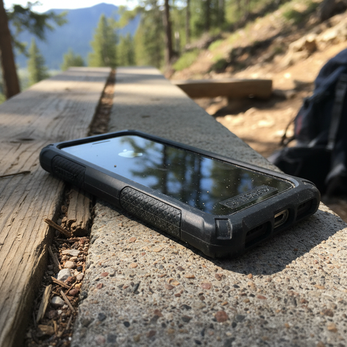 iPhone 8 with black OtterBox Defender case on rough outdoor surface emphasizing rugged durability and active lifestyle
