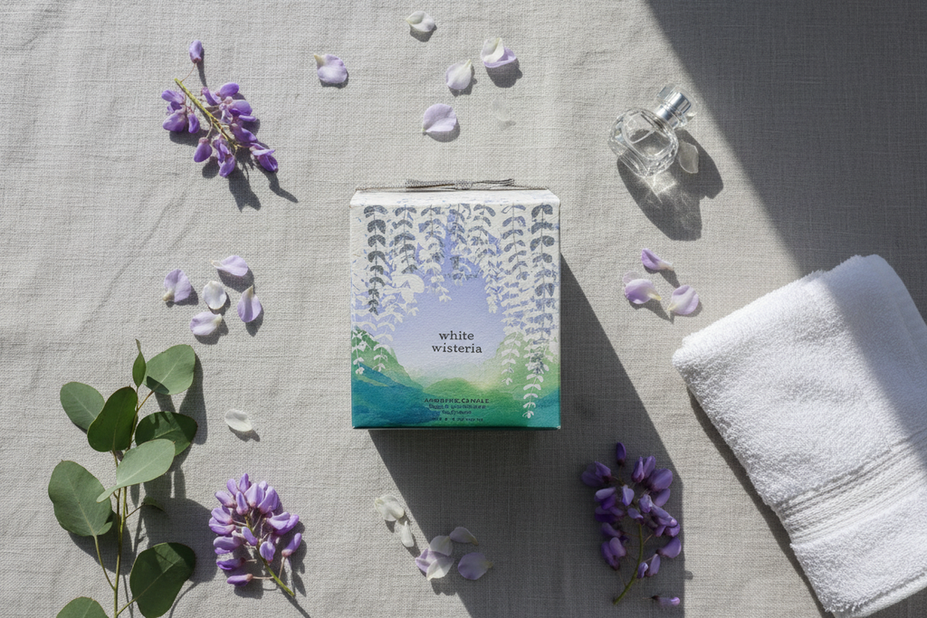 Thymes White Wisteria Candle spring flatlay on grey linen with wisteria petals eucalyptus and crystal bottle - More4less Outlet