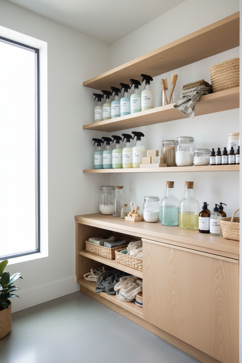 Sustainable household pantry with organized plastic-free cleaning supplies