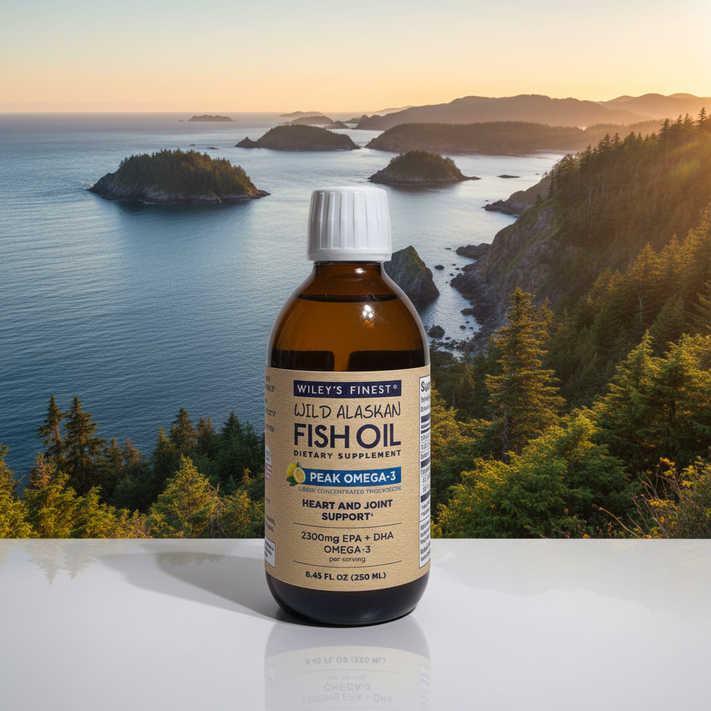 Wiley's Finest Peak Omega-3 Liquid Fish Oil bottle with Alaskan coastline background – sustainably sourced wild-caught fish oil