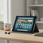 Amazon Fire HD 10 tablet inside slim protective cover propped in landscape stand mode on clean desk