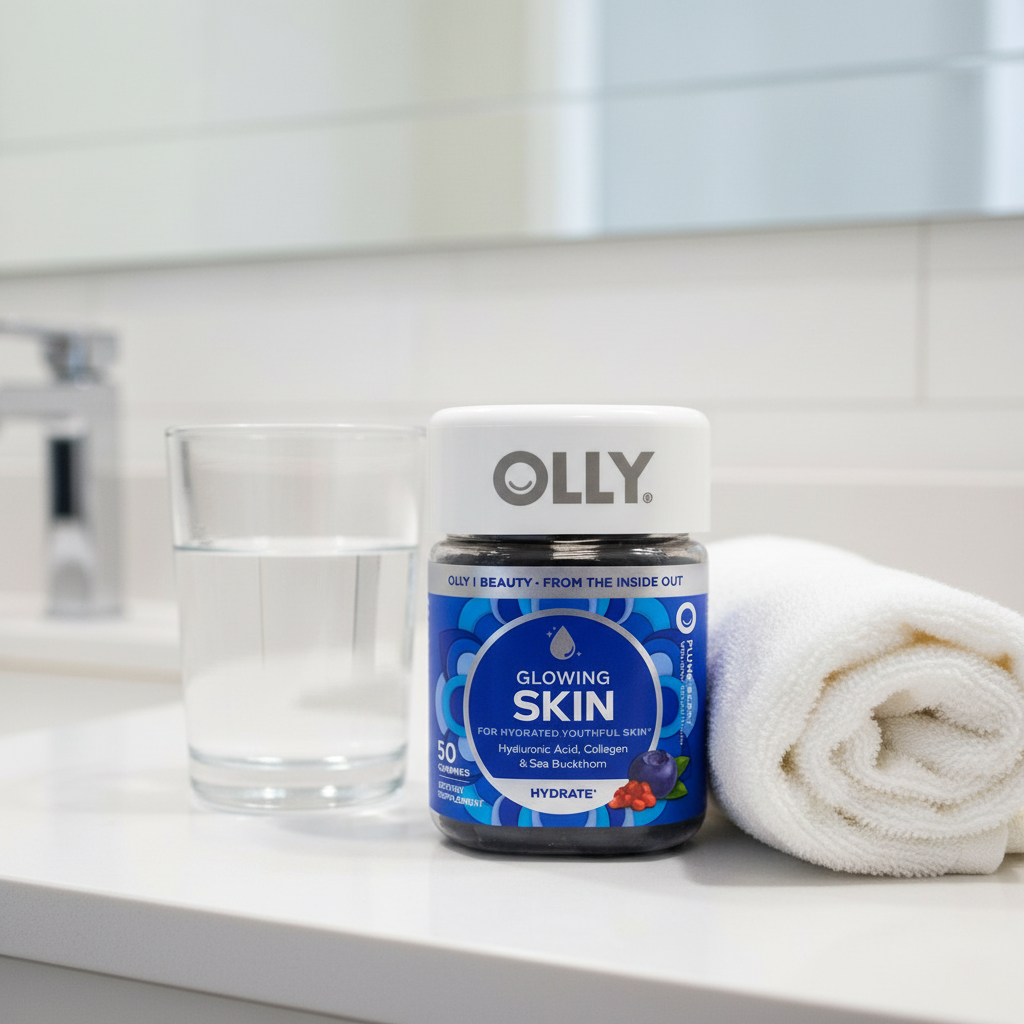 OLLY Glowing Skin Gummies bottle on white quartz bathroom vanity with rolled organic cotton face towel and clear designer glass of water