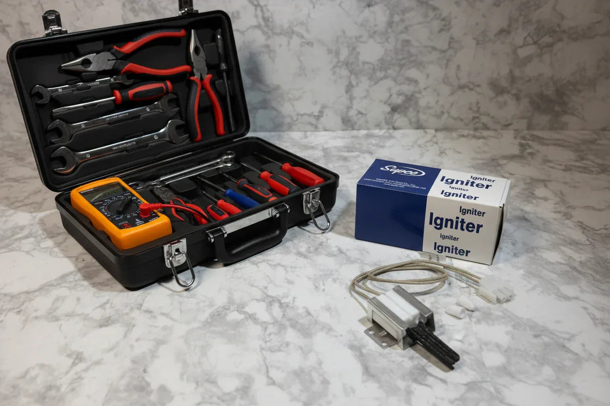 Appliance technician toolbox open next to boxed igniter replacement components on workbench