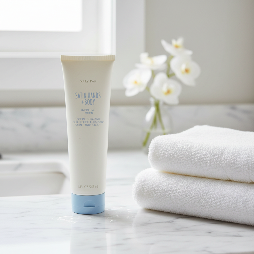 Mary Kay Satin Hands & Body Hydrating Lotion on marble bathroom counter with soft natural light and white towels – More4less Outlet