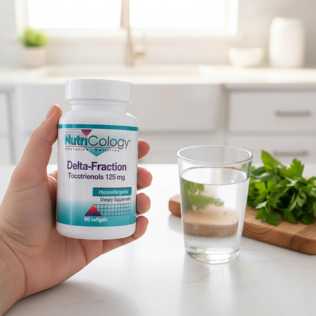 Person holding NutriCology Delta-Fraction Tocotrienols in kitchen with herbs and water – More4less Outlet