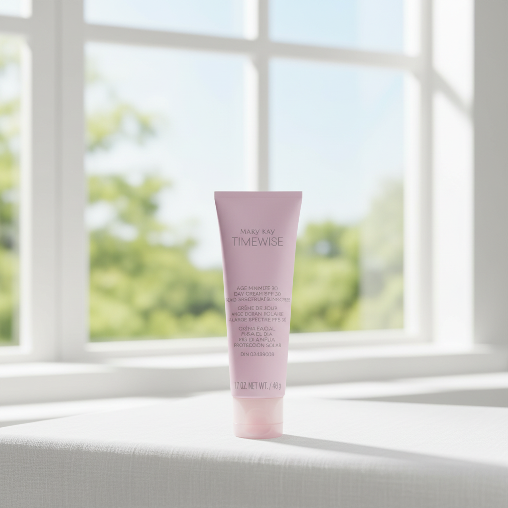 Mary Kay TimeWise Age Minimize 3D Day Cream SPF 30 beside bright window with natural daylight white linen – More4less Outlet