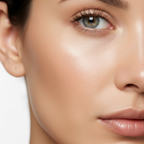 Close-up of smooth, glowing, poreless-looking skin on a woman's cheek and nose in soft studio lighting