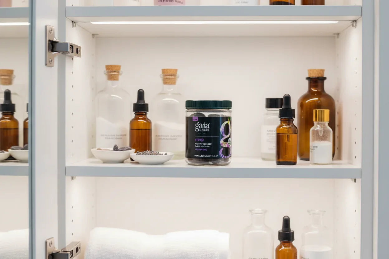 Gaia Herbs Organic Sleep Gummies 40ct in white medicine cabinet with apothecary bottles — premium supplement storage organization