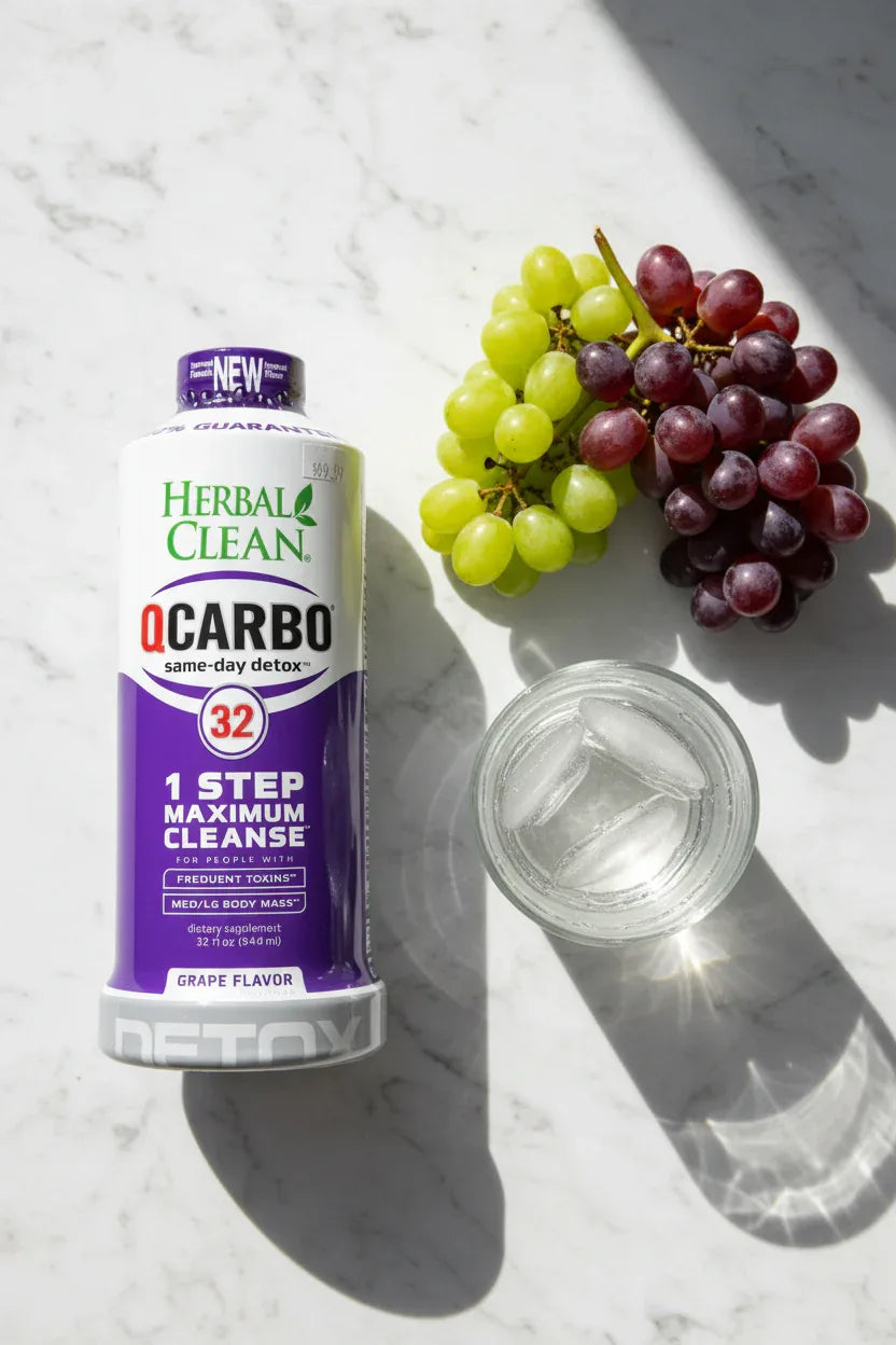 Flat lay composition of a detox cleansing formula bottle beside fresh grapes and a glass of water on white marble