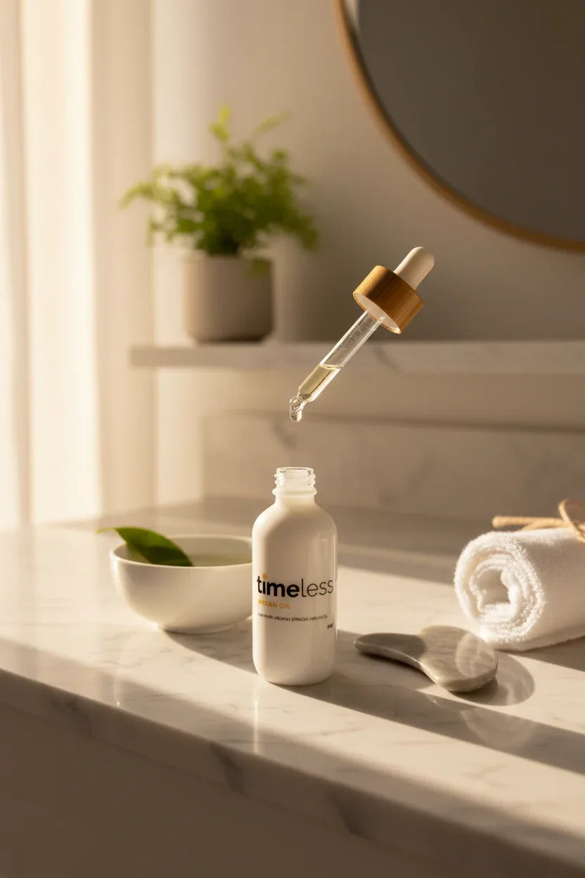 Healthy morning skincare routine with a white dropper bottle of pure face oil in soft golden morning sunlight on white marble vanity
