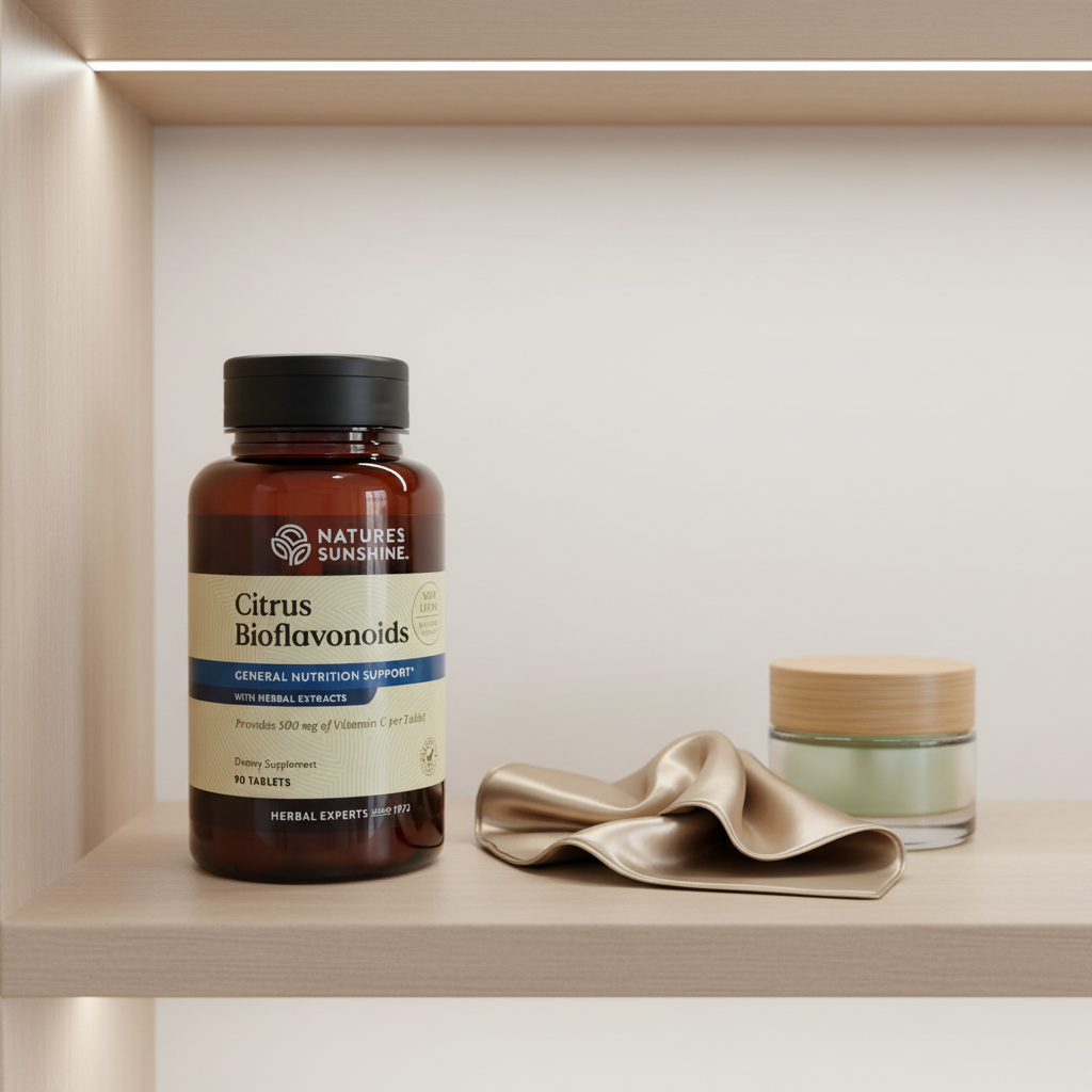 Nature's Sunshine Citrus Bioflavonoids bottle on minimalist vanity shelf with premium silk face cloth and aesthetic glass skincare jar