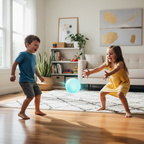 Two children playing indoors on a hardwood floor kicking a glowing ball toward each other
