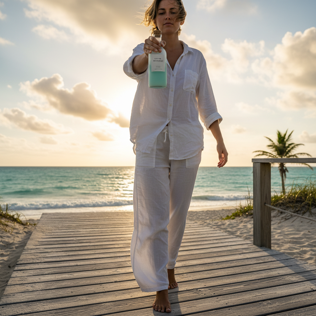 Person walking along breezy beach boardwalk in white linen holding coastal fragrance