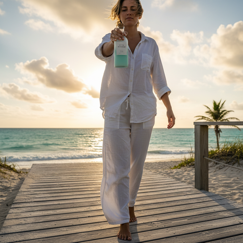 Person walking along breezy beach boardwalk in white linen holding coastal fragrance