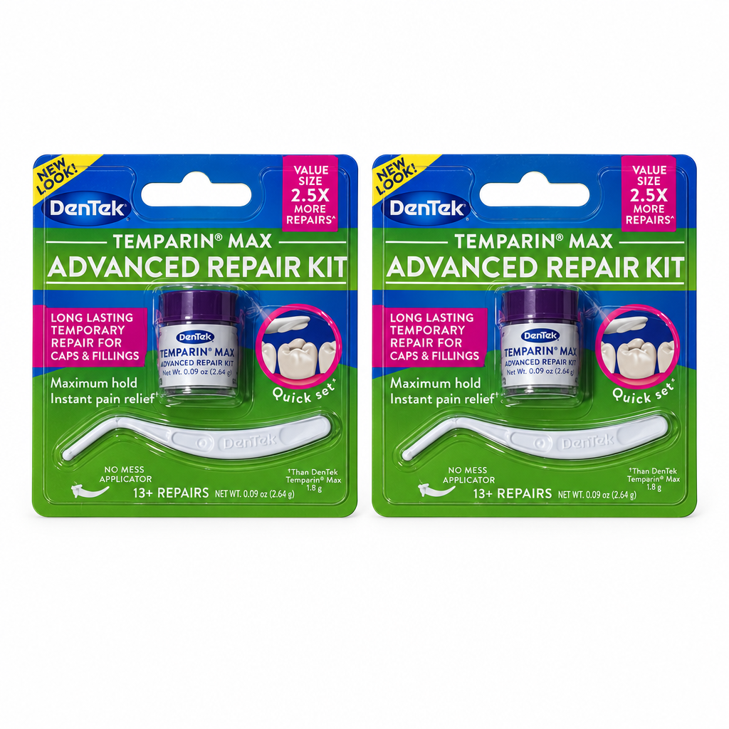 Two DenTek Temparin Max Advanced Repair Kit blister cards on a white background