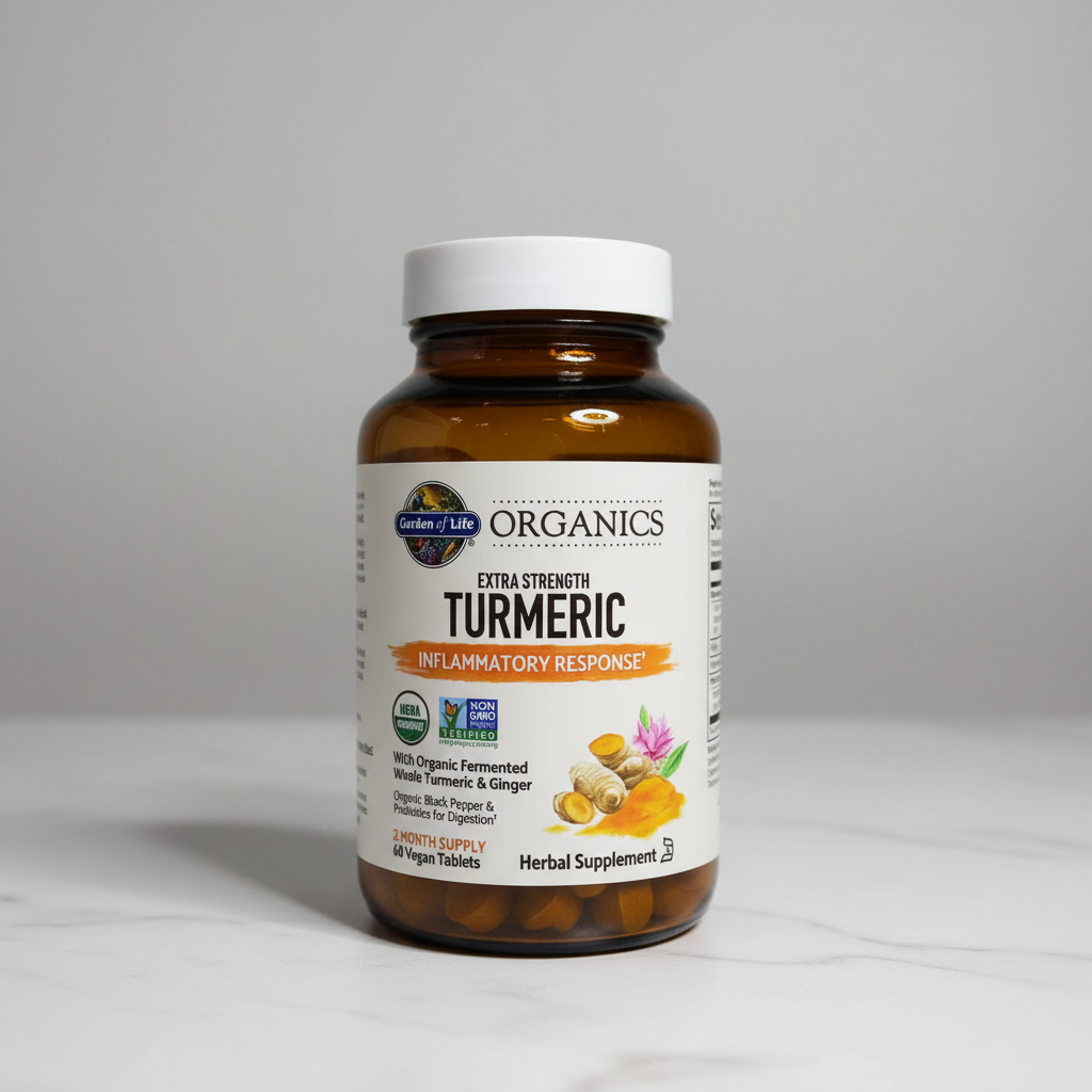 Garden of Life mykind Organics Extra Strength Turmeric bottle on a clean white counter