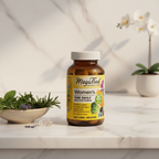 Elegant women's daily multivitamin amber glass bottle on white marble vanity with soft morning light and fresh herbs – More4less Outlet