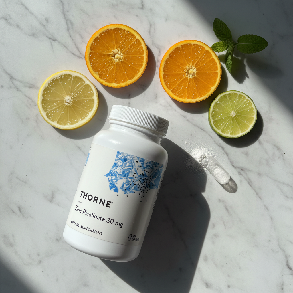 Flat lay of Thorne Zinc Picolinate 30 mg bottle with open capsule citrus slices and green plant sprig on white marble