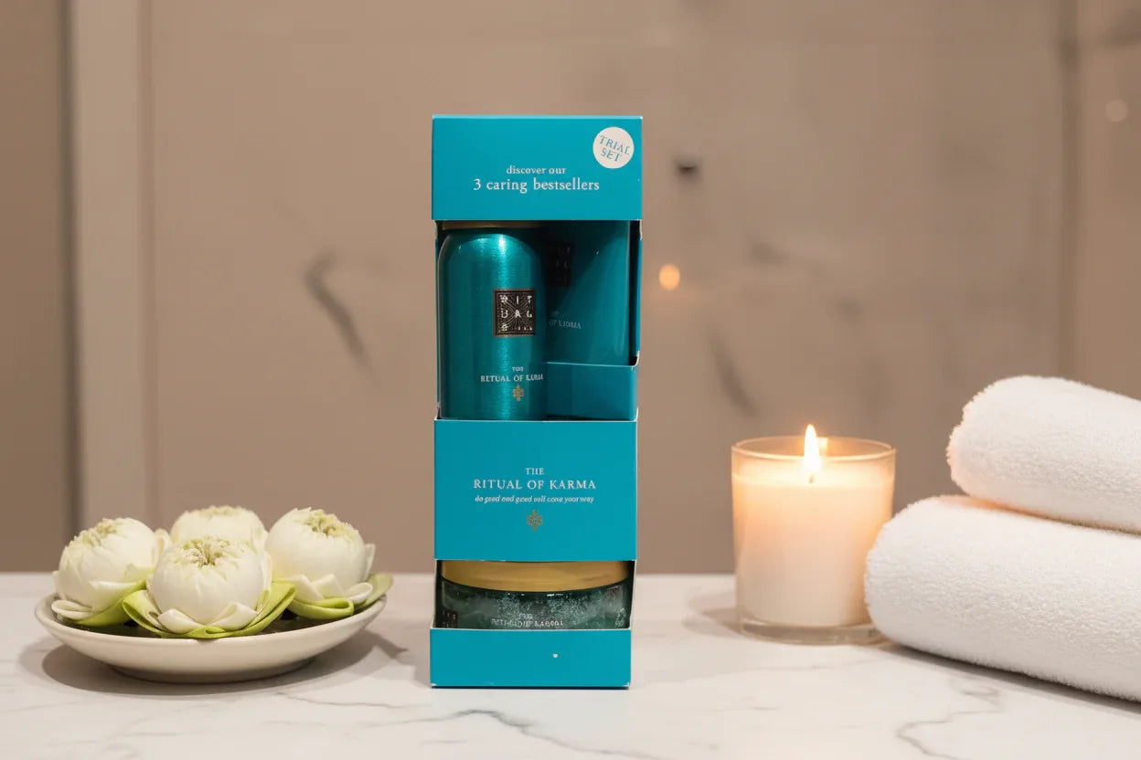 Rituals Ritual of Karma trial set on marble bathroom counter with lotus flowers spa lifestyle