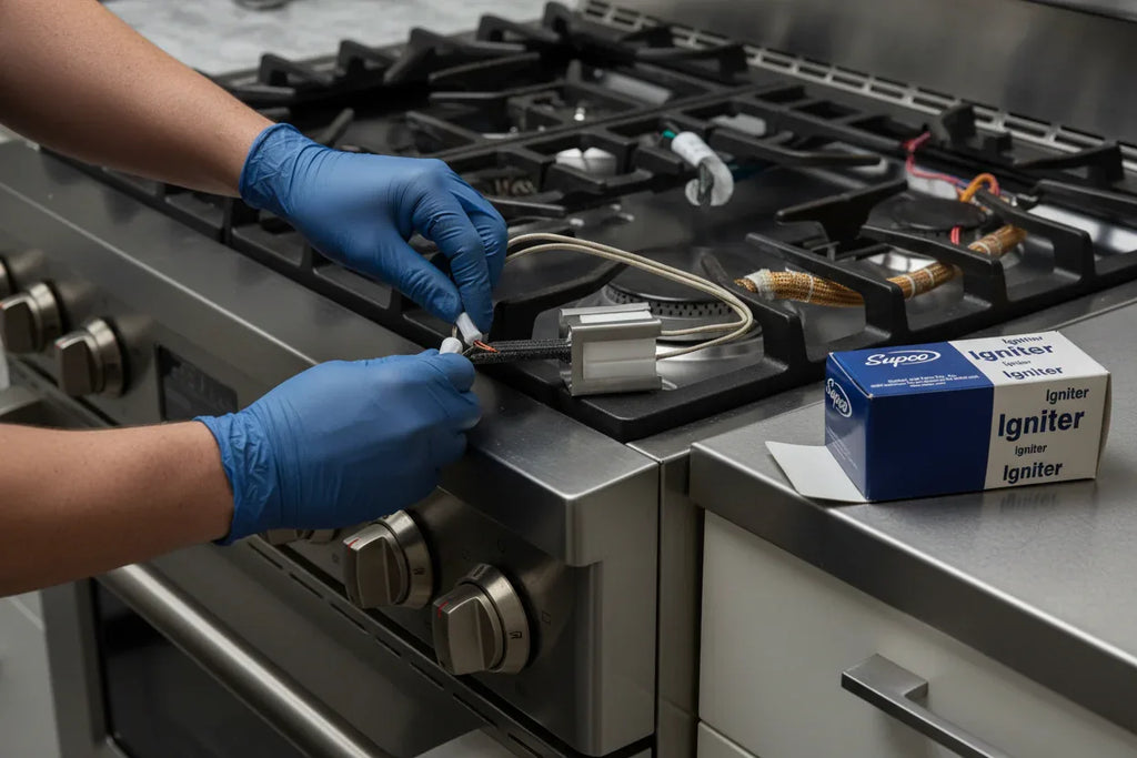 Hands carefully adjusting electrical wiring on a stainless steel residential gas range