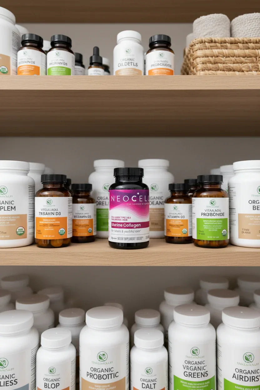 NeoCell Marine Collagen on modern wooden wellness closet shelf alongside clean-label whole-food supplements