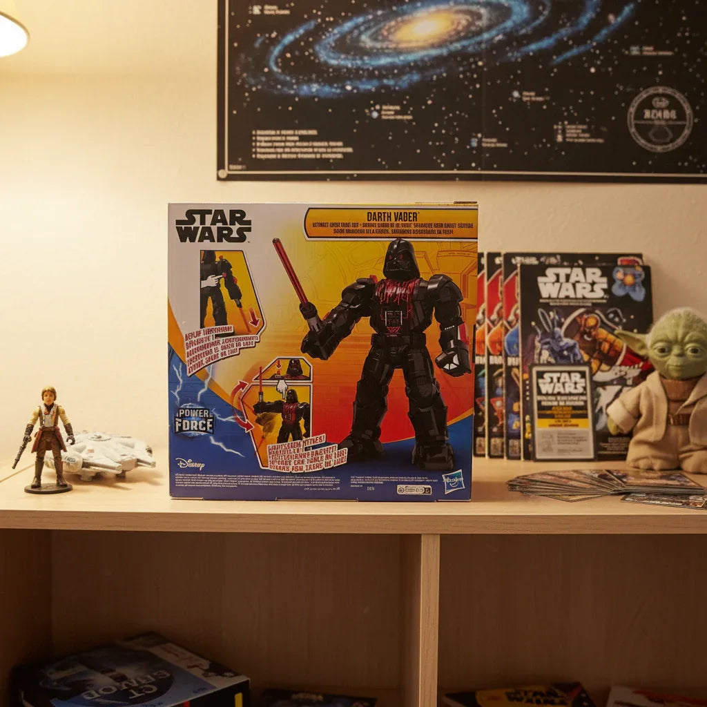 Star Wars Darth Vader Mech Force Suit displayed on child's toy room shelf with other Star Wars action figures and collectibles.