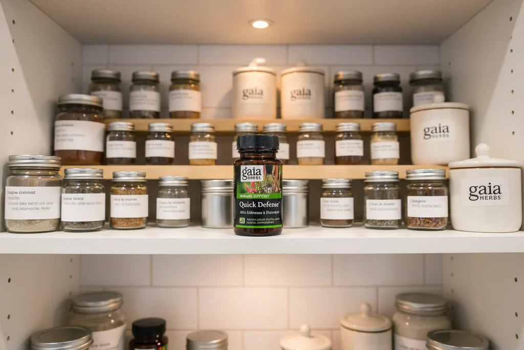 Gaia Herbs Quick Defense 20ct Phyto-Caps on white kitchen pantry tiered shelf with whole food supplement jars — organized herbal wellness storage