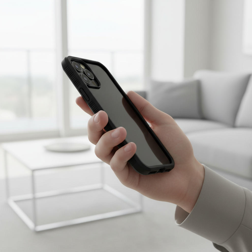 Hand holding iPhone 14 with slim black OtterBox Commuter case showing secure grip texture and slim profile
