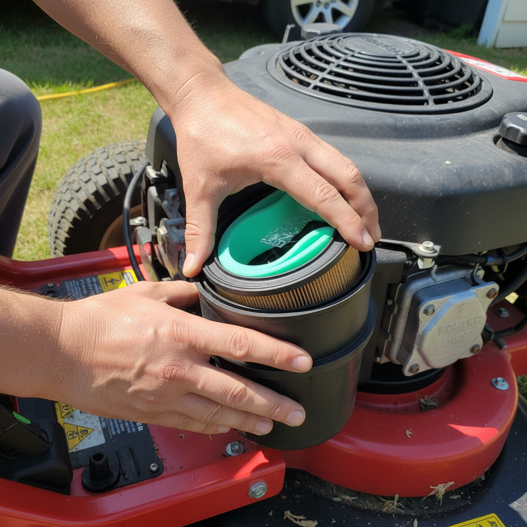 Hands installing Kohler Genuine Parts Air Filter with green foam pre-cleaner into Kohler Command engine housing