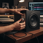 Close-up hands adjusting analog bass dial on black subwoofer chassis on dark wood studio desk