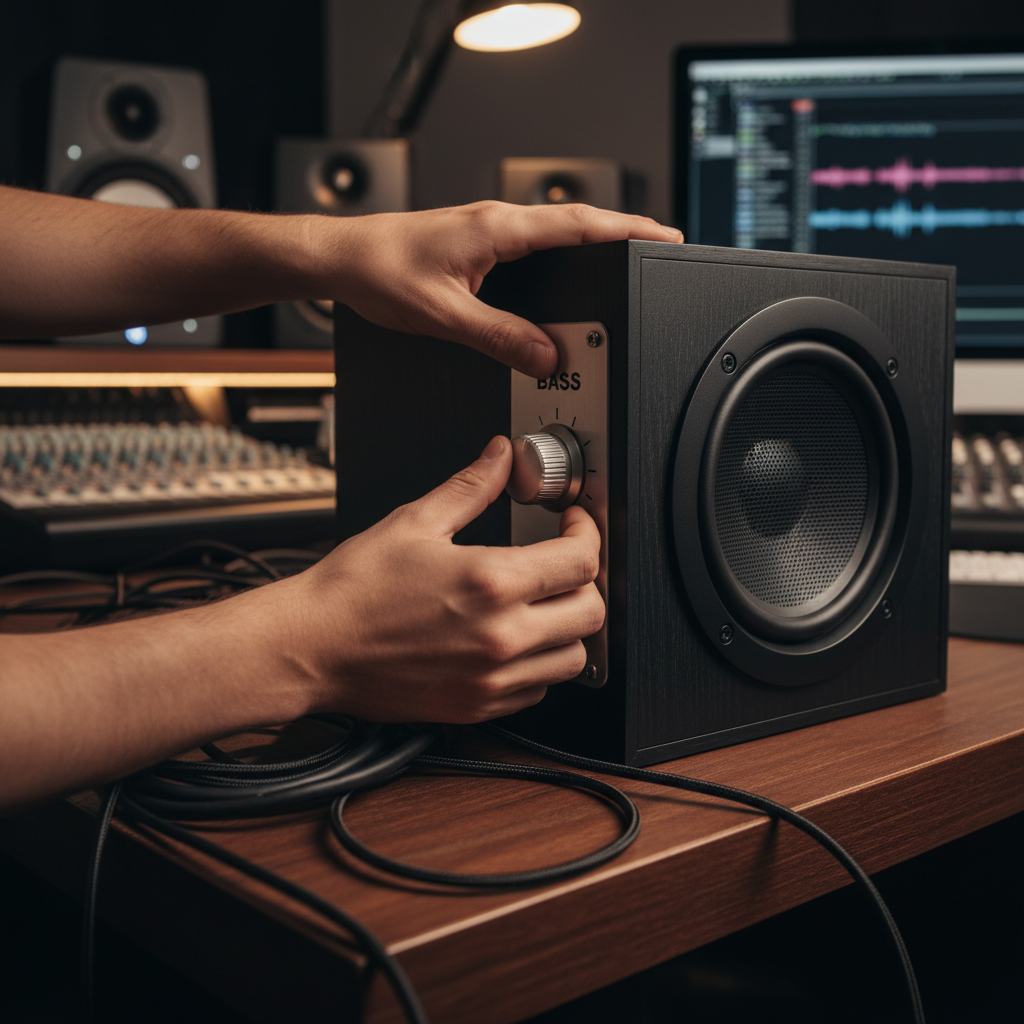 Close-up hands adjusting analog bass dial on black subwoofer chassis on dark wood studio desk