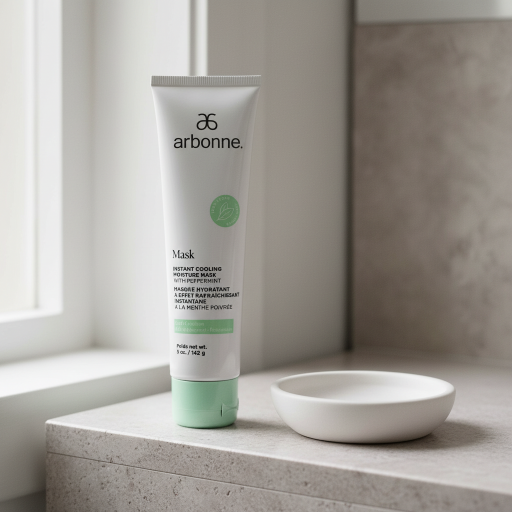 Arbonne Instant Cooling Moisture Mask with Peppermint 5 oz tube on a neutral bathroom shelf