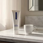 ZO Obagi Oilacleanse travel size on hotel bathroom vanity with espresso cup luxury morning routine