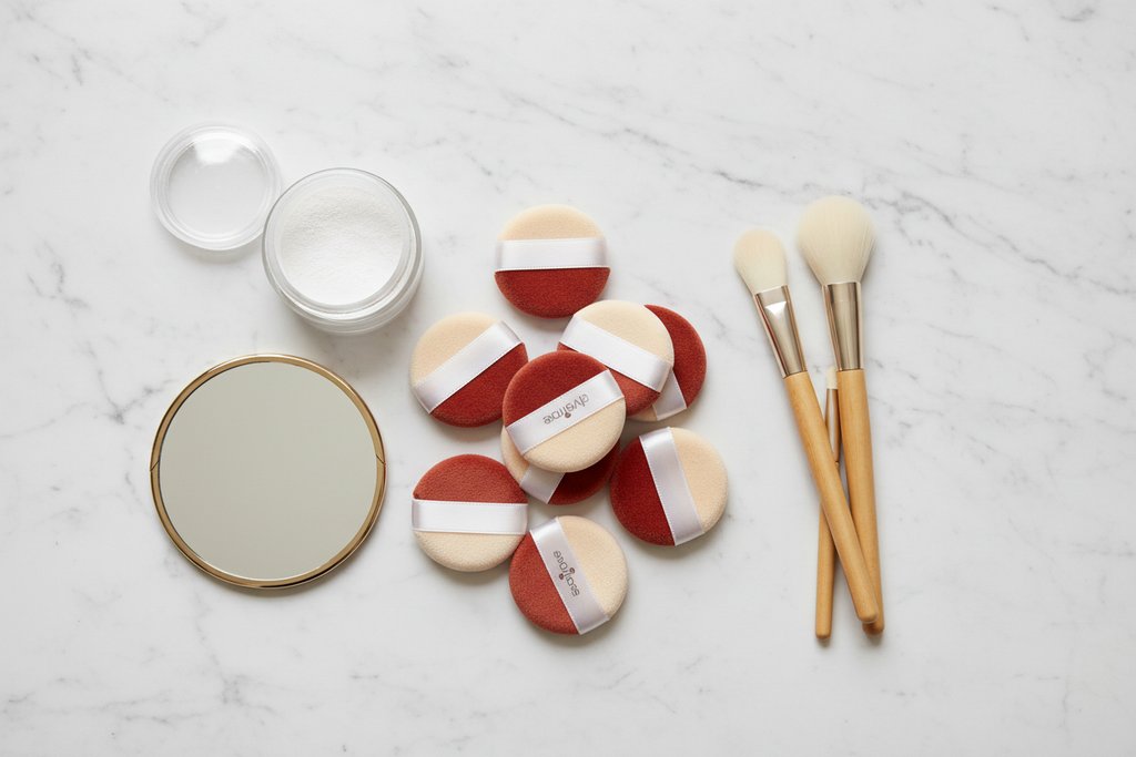 Olivia Rose multi-color mini powder puffs beside spa brushes loose powder cosmetics marble — More4less Outlet