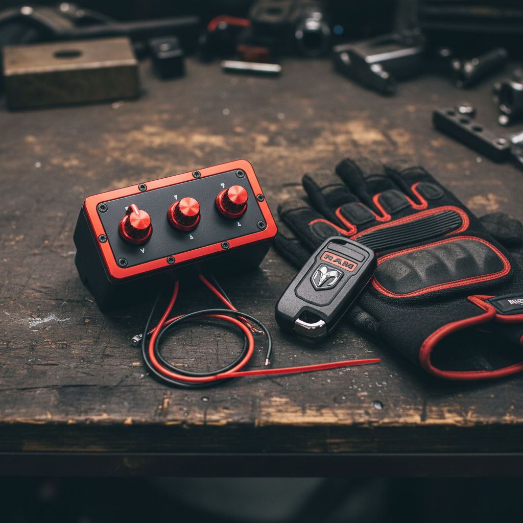 Lifestyle — black rotary switch module with red accents on dark workshop bench beside diesel truck key fob and mechanic gloves — automotive performance editorial for visual context only
