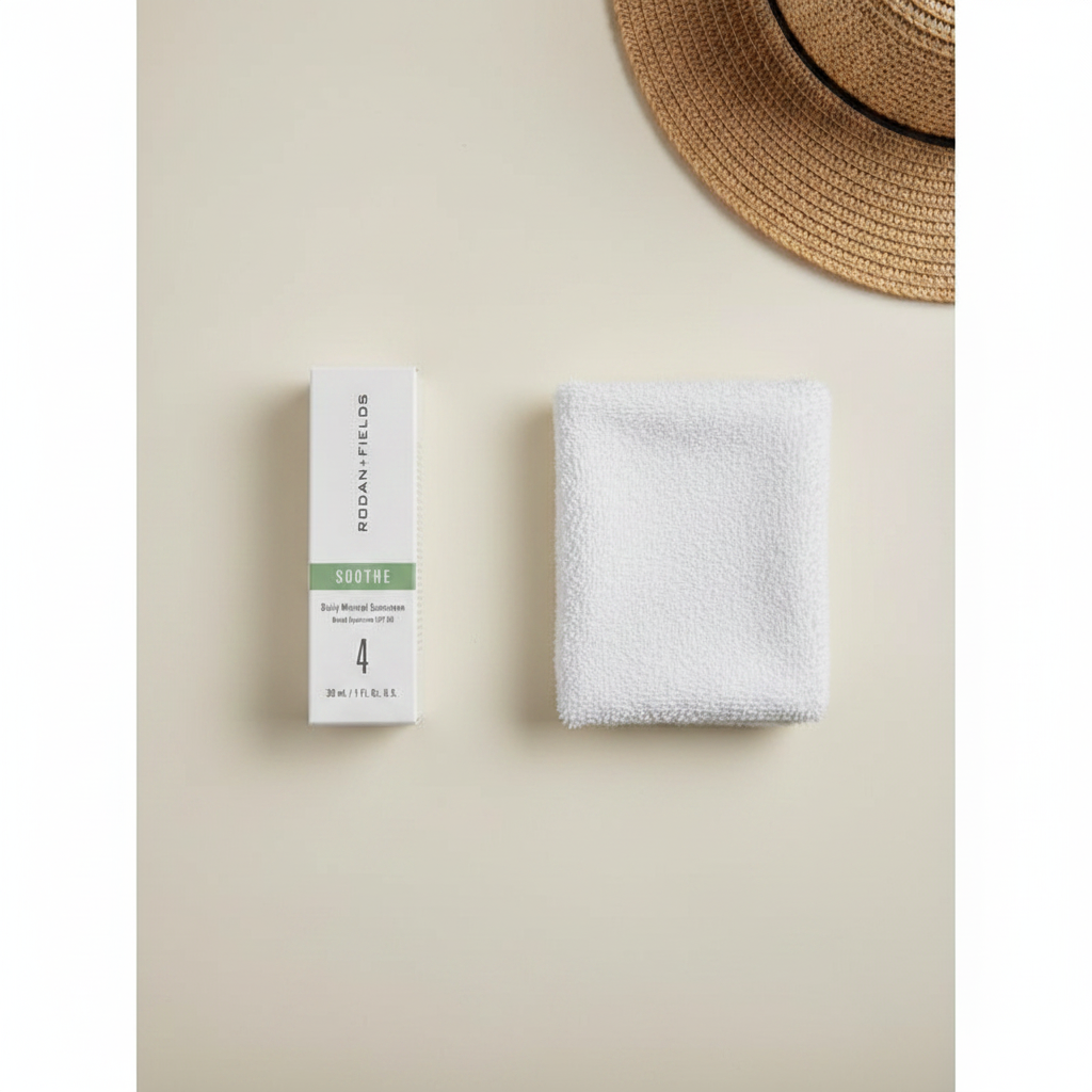 AI-generated contextual flat lay of Rodan + Fields SOOTHE Daily Mineral Sunscreen SPF 30 with a towel and sun hat