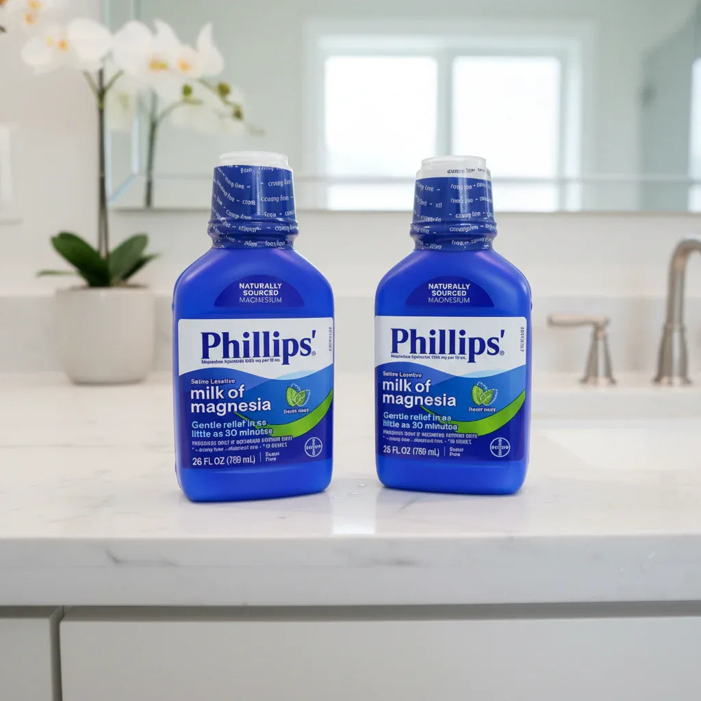 Professional medical aesthetic for digestive health liquid medicine bottles on modern home bathroom counter